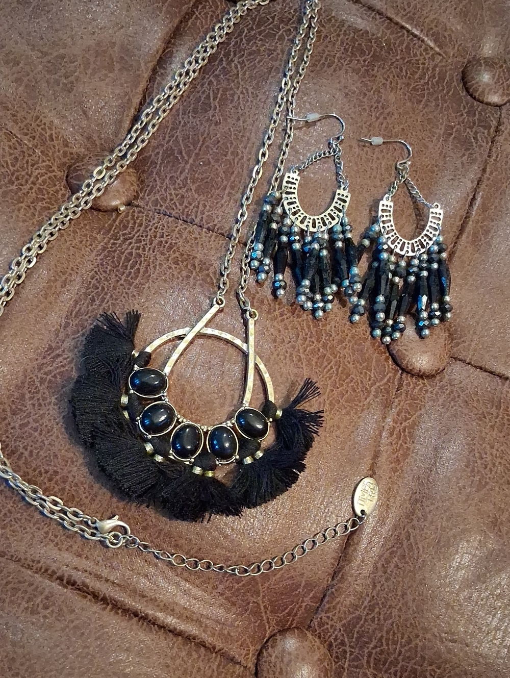 Time and Tru Black Beaded Tassel Necklace and Fringe Earrings